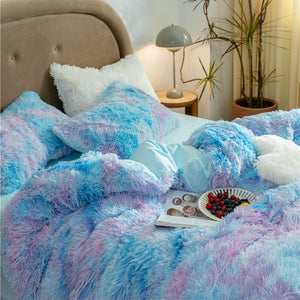 Fluffy Faux Mink & Velvet Fleece Quilt Cover Set - Rainbow Purple Blue