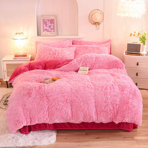 Fluffy Faux Mink & Velvet Fleece Quilt Cover Set - Pink white