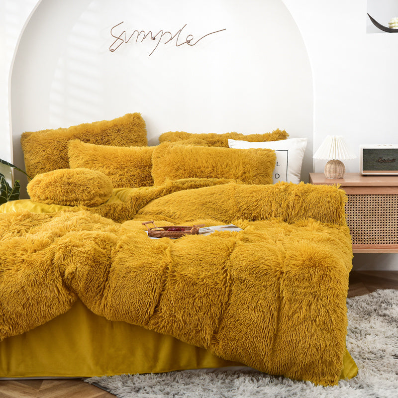Fluffy Faux Mink Velvet Fleece Quilt Cover Set Yellow Gold