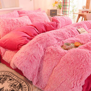 Fluffy Faux Mink & Velvet Fleece Quilt Cover Set - Pink white