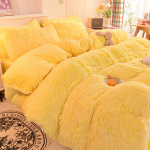 Fluffy Faux Mink & Velvet Fleece Quilt Cover Set - Yellow White