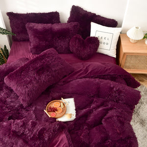Fluffy Faux Mink & Velvet Fleece Quilt Cover Set - Wine Purple