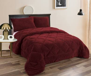 Teddy Fleece 3pc Comforter Set - Burgundy