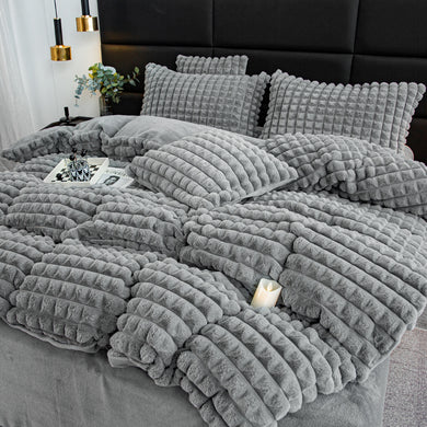 Rabbit Faux Fur Quilt Cover Set - Grey