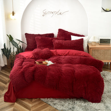 Fluffy Quilt Cover Set - Deep Red - Queen - CLEARANCE