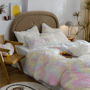 Fluffy Faux Mink & Velvet Fleece Quilt Cover Set - Rainbow Pale