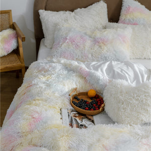 Fluffy Faux Mink & Velvet Fleece Quilt Cover Set - Rainbow Pale