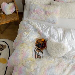 Fluffy Faux Mink & Velvet Fleece Quilt Cover Set - Rainbow Pale