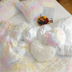 Fluffy Faux Mink & Velvet Fleece Quilt Cover Set - Rainbow Pale