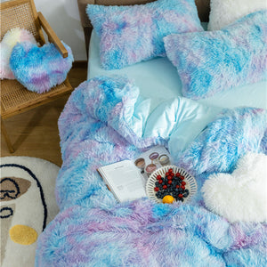 Fluffy Faux Mink & Velvet Fleece Quilt Cover Set - Rainbow Purple Blue