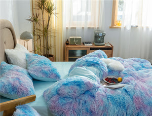 Fluffy Faux Mink & Velvet Fleece Quilt Cover Set - Rainbow Purple Blue