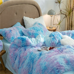 Fluffy Faux Mink & Velvet Fleece Quilt Cover Set - Rainbow Purple Blue