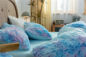 Fluffy Faux Mink & Velvet Fleece Quilt Cover Set - Rainbow Purple Blue