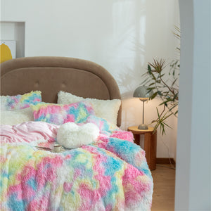 Fluffy Faux Mink & Velvet Fleece Quilt Cover Set - Rainbow Vivid