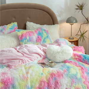 Fluffy Faux Mink & Velvet Fleece Quilt Cover Set - Rainbow Vivid