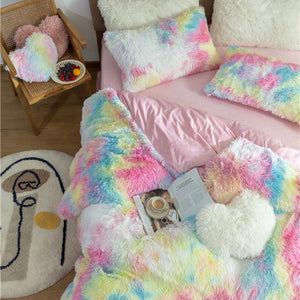 Fluffy Faux Mink & Velvet Fleece Quilt Cover Set - Rainbow Vivid