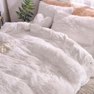 Fluffy Faux Mink & Velvet Fleece Quilt Cover Set - Pure White
