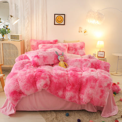 Fluffy Faux Mink & Velvet Fleece Quilt Cover Set - Marble Pink