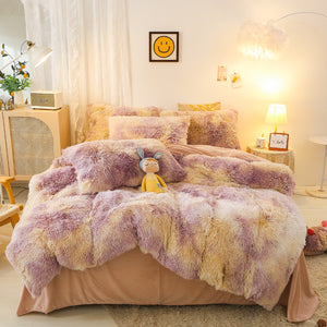 Fluffy Faux Mink & Velvet Fleece Quilt Cover Set - Marble Violet Cream