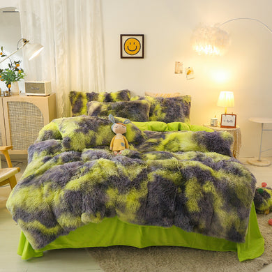 Fluffy Faux Mink & Velvet Fleece Quilt Cover Set - Marble Green