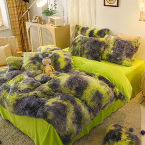 Fluffy Faux Mink & Velvet Fleece Quilt Cover Set - Marble Green