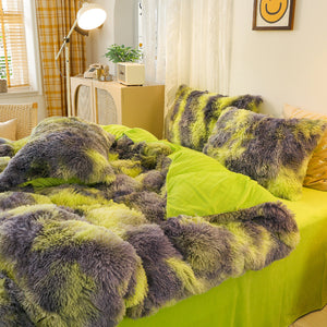 Fluffy Faux Mink & Velvet Fleece Quilt Cover Set - Marble Green