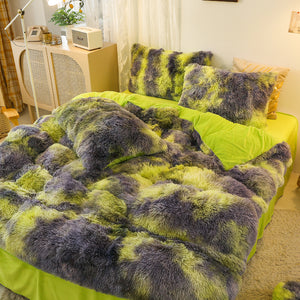 Fluffy Faux Mink & Velvet Fleece Quilt Cover Set - Marble Green