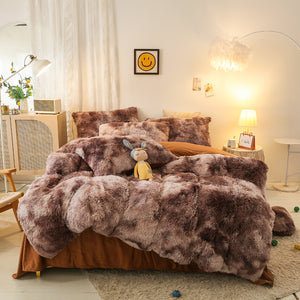Fluffy Faux Mink & Velvet Fleece Quilt Cover Set - Marble Brown