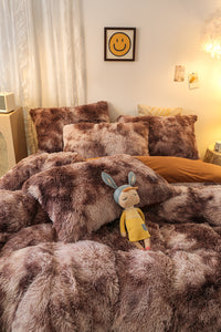 Fluffy Faux Mink & Velvet Fleece Quilt Cover Set - Marble Brown