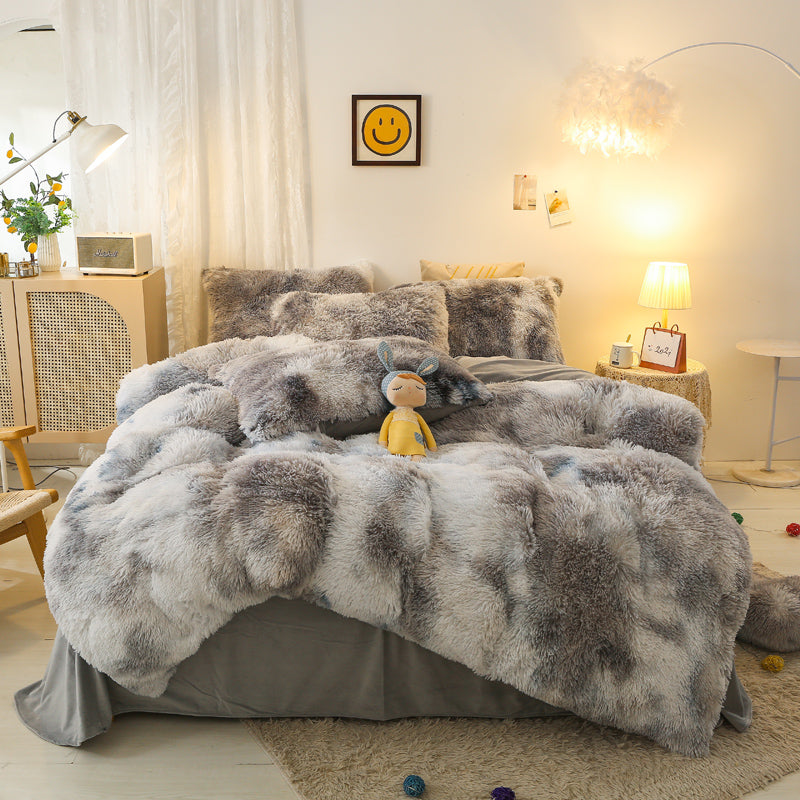 Fluffy Faux Mink & Velvet Fleece Quilt Cover Set - Marble Grey
