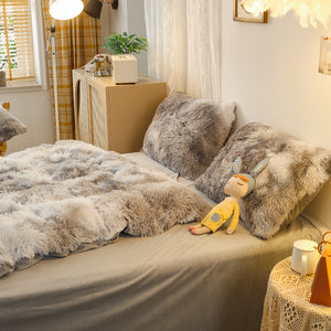 Fluffy Faux Mink & Velvet Fleece Quilt Cover Set - Marble Grey