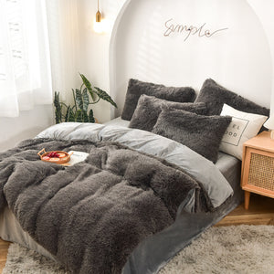 Fluffy Faux Mink & Velvet Fleece Quilt Cover Set - Grey