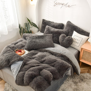 Fluffy Faux Mink & Velvet Fleece Quilt Cover Set - Grey