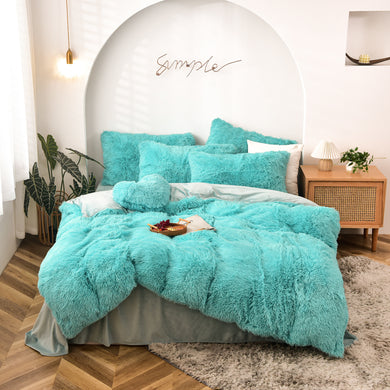 Fluffy Faux Mink & Velvet Fleece Quilt Cover Set - Turquoise