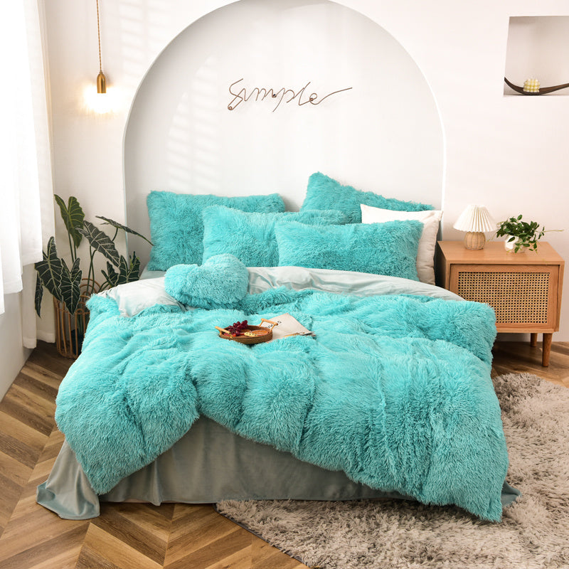 Fluffy Faux Mink & Velvet Fleece Quilt Cover Set - Turquoise
