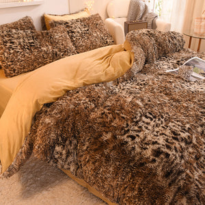 Fluffy Faux Mink & Velvet Fleece Quilt Cover Set - Leopard