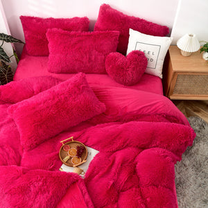 Fluffy Faux Mink & Velvet Fleece Quilt Cover Set - Hot Pink