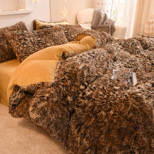 Fluffy Faux Mink & Velvet Fleece Quilt Cover Set - Leopard