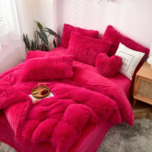 Fluffy Faux Mink & Velvet Fleece Quilt Cover Set - Hot Pink