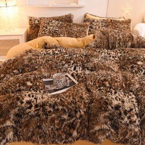 Fluffy Faux Mink & Velvet Fleece Quilt Cover Set - Leopard