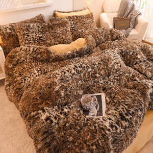 Fluffy Faux Mink & Velvet Fleece Quilt Cover Set - Leopard