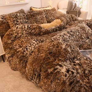 Fluffy Faux Mink & Velvet Fleece Quilt Cover Set - Leopard