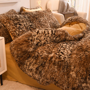 Fluffy Faux Mink & Velvet Fleece Quilt Cover Set - Leopard