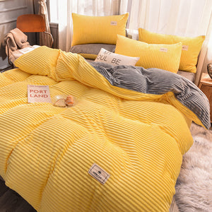 Soft Corduroy Velvet Fleece Quilt Cover Set - Yellow Grey