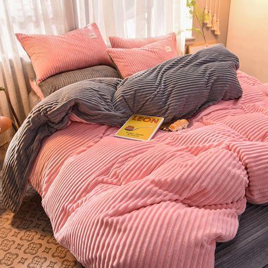 Soft Corduroy Velvet Fleece Quilt Cover Set - Pink Grey