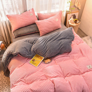 Soft Corduroy Velvet Fleece Quilt Cover Set - Pink Grey