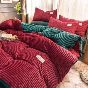 Soft Corduroy Velvet Fleece Quilt Cover Set - Green Rose Fantasy
