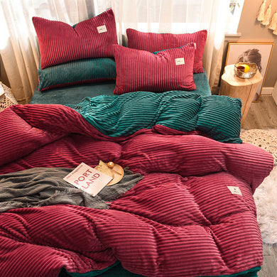 Soft Corduroy Velvet Fleece Quilt Cover Set - Green Rose Fantasy