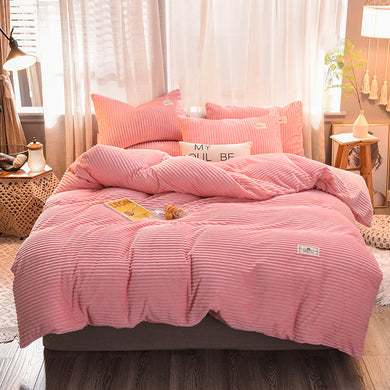 Soft Corduroy Velvet Fleece Quilt Cover Set - Soft Pink
