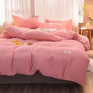 Soft Corduroy Velvet Fleece Quilt Cover Set - Soft Pink